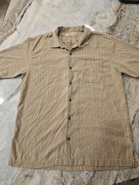 Tommy Bahama 100% Silk Shirt Men’s Large Tan Textured Short Sleeve Button-Up